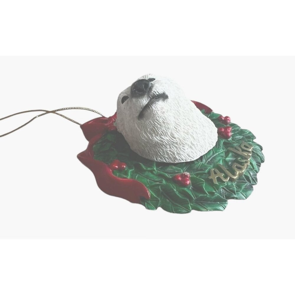 Polar Bear Christmas Ornament Alaska Wreath With Red Bow & Berries - White Green - Picture 6 of 8
